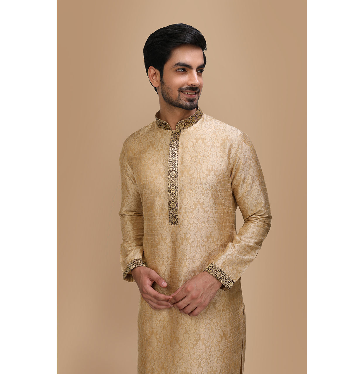 alt message - Manyavar Men Beige Jacquard Kurta Set image number 0